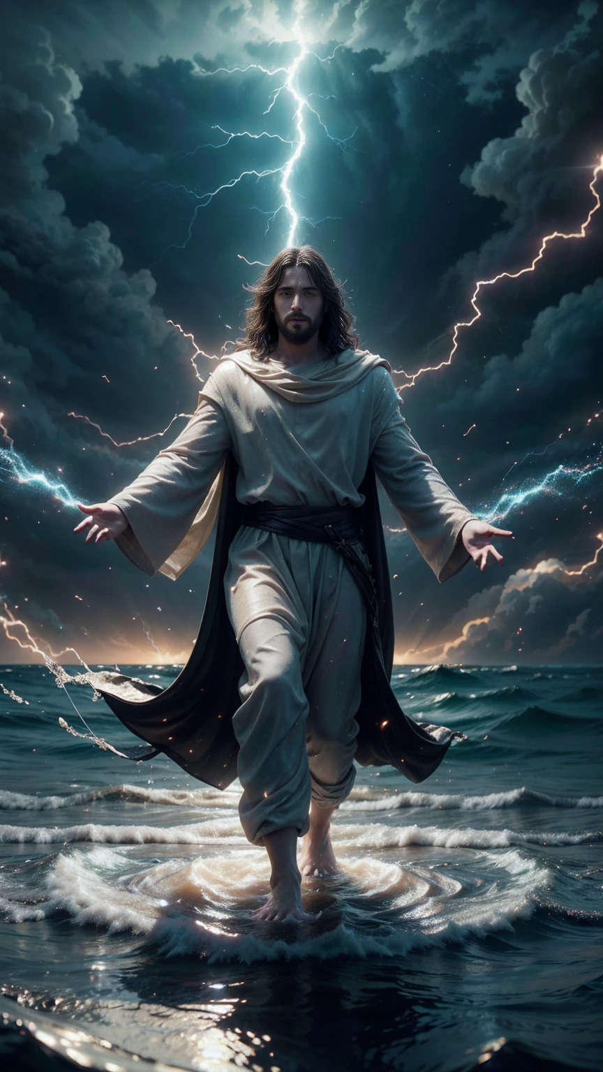 Jesus Christ walking on the water, ocean, furipus waves, striking an imposing pose radiating power and authority, surrounded by crackling lightning representing a superpower, his commanding presence dominating the scene, perfect composition, beautiful, detailed, intricate, insanely detailed octane render, trending on ArtStation, 8K resolution, captivating photorealistic concept art, bathed in soft, natural, volumetric, cinematic lighting, chiaroscuro effects reminiscent of an award