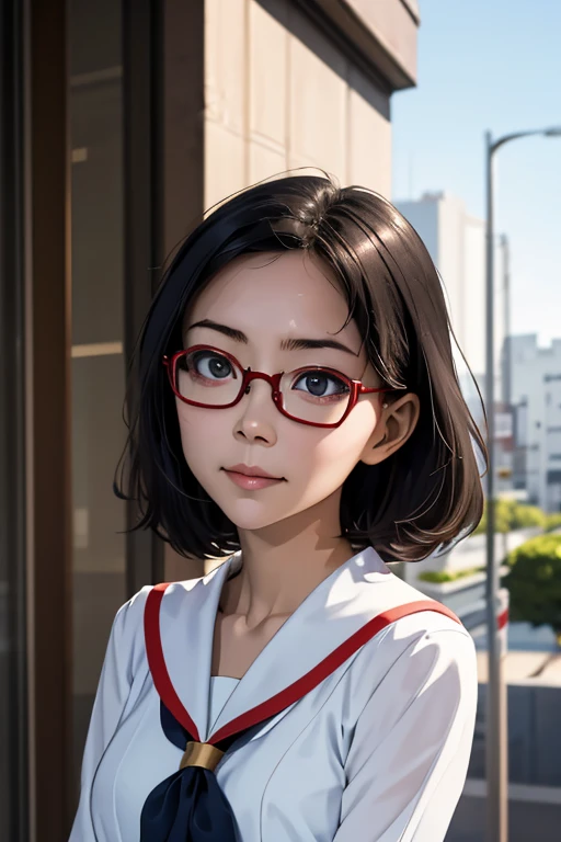 (masterpiece, highest quality), One Girl, Satou, Satou, Glasses, 赤いフレームのGlasses, Sailor suit, Satou, Glasses, 赤いフレームのGlasses, Head to Chest,