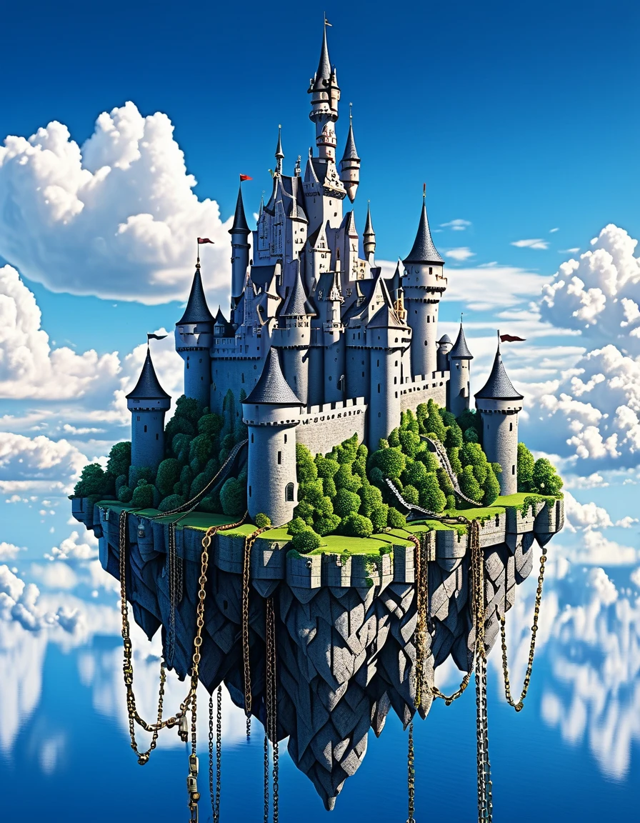 A detailed castle floating on the sky, with big chain hold on every edge of it