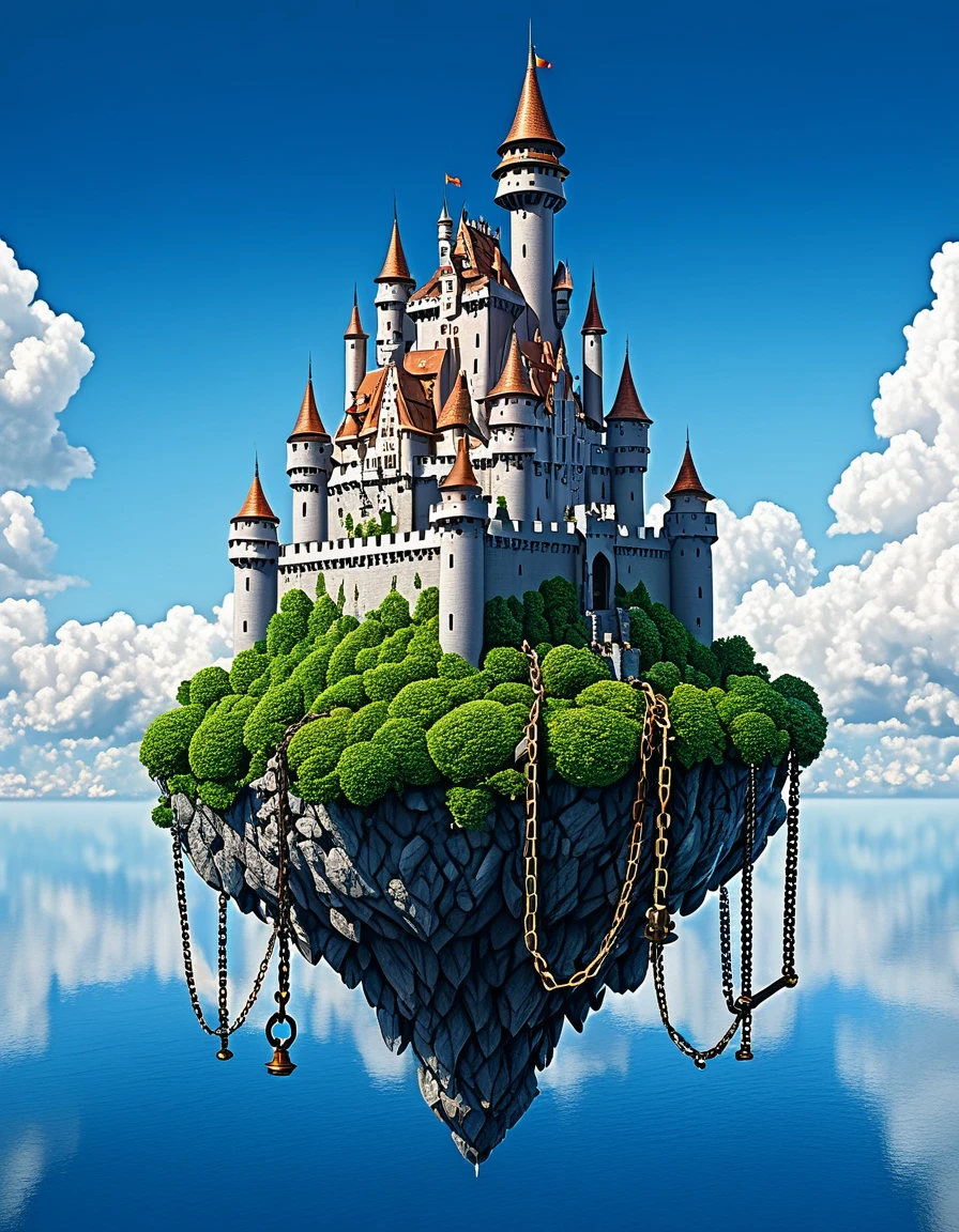 A detailed castle floating on the sky, with big chain hold on every edge of it