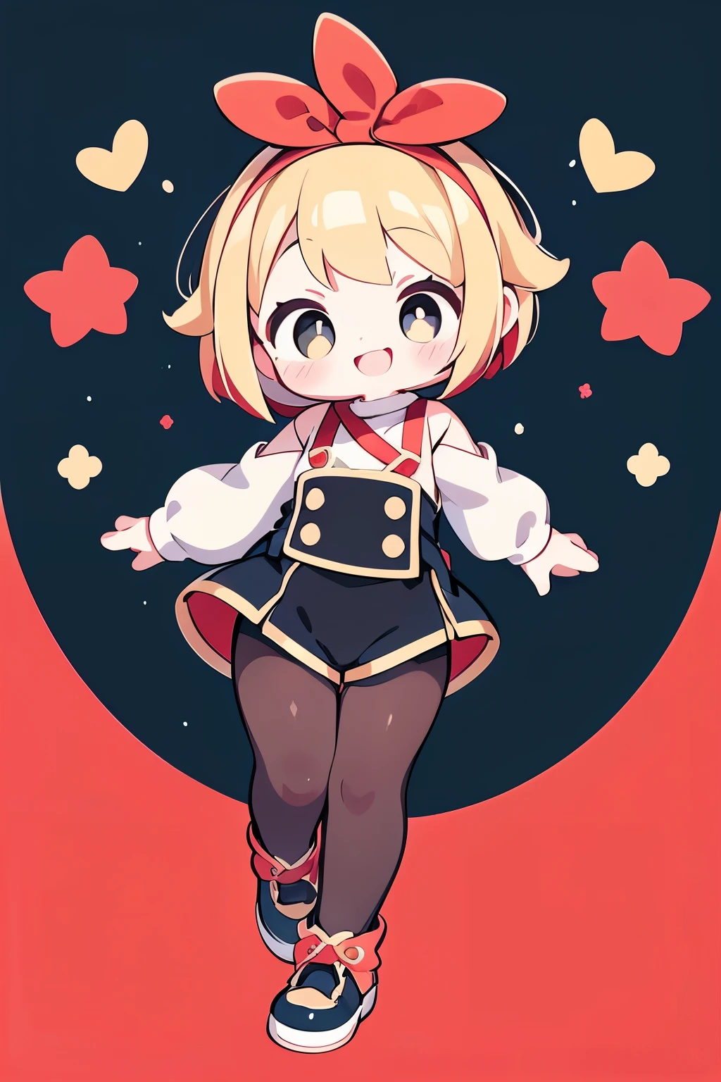 A girl with impressive blonde hair、hair ornaments、short bob、black pantyhose、No sleeve、hot pants、smile、Cute shoes with accessories、red hair band、dynamic pose