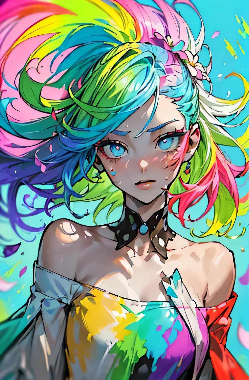 (Colorful hair: 1.8), (all colors of the rainbow: 1.8),(((((Vertical painting:1.6))), (Painting:1.6),Front, Comics, Illustrations, painting of a, largeeyes, Crystal clear eyes,( rainbow color gradient high ponytail:1.7), Exquisite makeup, Closed mouth,(Small Fresh: 1.5),(Wipe Chest: 1.6) ,Long eyelashes, white off-the-shoulder T-shirt, White Shoulder Shirt,staring towards the viewer, watery big eyes, (Rainbow-colored hair:1.6), colored splashing, (Solo:1.8), colored splashing, Color explosion, Thick Paint Style, Messy lines, ((Shining)),(Colorful), (Colorful), (Colorful), Colorful, Thick Paint Style, (Splash) (colored splashing), Vertical painting, Upper body, Paint splashes, Acrylic Pigment, Gradient, Paint, Highest image quality, Highest quality, masutepiece, Solo, depth of fields, facepaint, multicolored clothing, (elegant: 1.2), Gorgeous,Long hair, Wind, (elegant: 1.3), (Flower petals: 1.4),(((masutepiece))),(((Best quality))),((Ultra-detailed)),(illustration),(Dynamic Angle),((Floating)),(Paint),((Disheveled hair)),(Solo),(1girl in) , (((Detailed anima face))),((beautifull detailed face)),Collar,Bare shoulders,White hair, ((Colorful hair)),((striated hair)),Beautiful detailed eyes,(Gradient color eyes),(((Colorful eyes))),(((Colorful background))),(((High color saturation))),(((Surrounded by colorful splashes))),