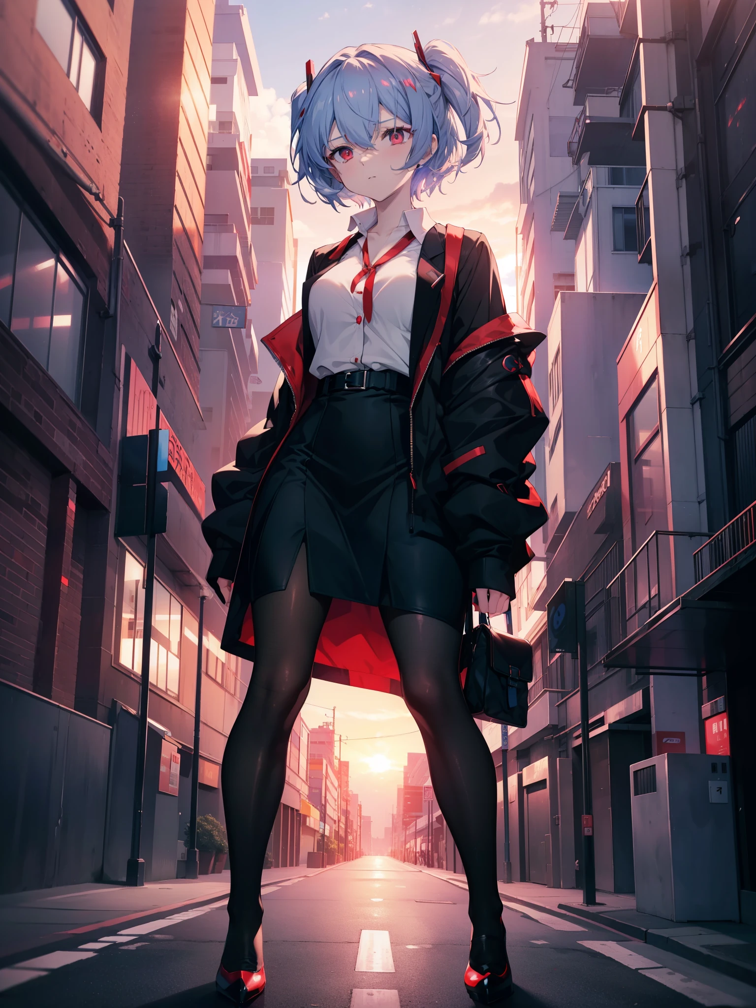 reiayanami, Rei Ayanami, Blue Hair, short hair, (Red eyes:1.5),blush,OL, end, Black suit jacket, Collared jacket, White dress shirt, Collared shirt, Neckline, button, strap, ID card on the neck, Black pencil skirt, Black Pantyhose,Stiletto heels,Business Bags,evening,sunset,whole body,avert your eyes,Embarrassing,blush,
Outdoor rest, city,Destroy a building area (masterpiece:1.2), highest quality, High resolution, unity 8k wallpaper, (shape:0.8), (Fine and beautiful eyes:1.6), Highly detailed face, Perfect lighting, Highly detailed CG, (Perfect hands, Perfect ???????),