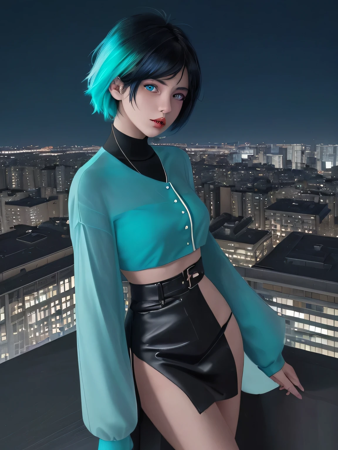  Super realista detalhado, A young girl in modern night style she is on the terrace of a building at night many colored lights like in a show she wears a pro street style outfit, short straight black hair with blue highlights the image is very far away it is possible to see the other buildings very close like in a megalopod, highlighting his eyes, which are different colors, one green and the other blue