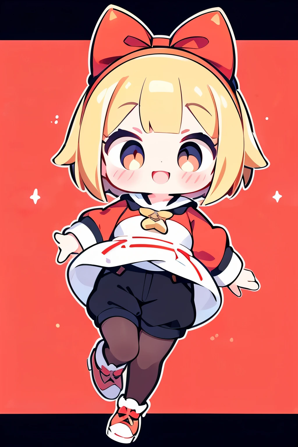 A girl with impressive blonde hair、hair ornaments、short bob、black pantyhose、No sleeve、hot pants、smile、Cute shoes with accessories、red hair band、dynamic pose