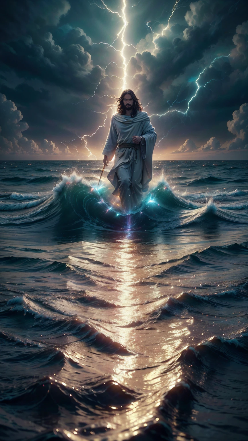 Jesus Christ walking on the water, ocean, furipus waves, striking an imposing pose radiating power and authority, surrounded by crackling lightning representing a superpower, his commanding presence dominating the scene, perfect composition, beautiful, detailed, intricate, insanely detailed octane render, trending on ArtStation, 8K resolution, captivating photorealistic concept art, bathed in soft, natural, volumetric, cinematic lighting, chiaroscuro effects reminiscent of an award