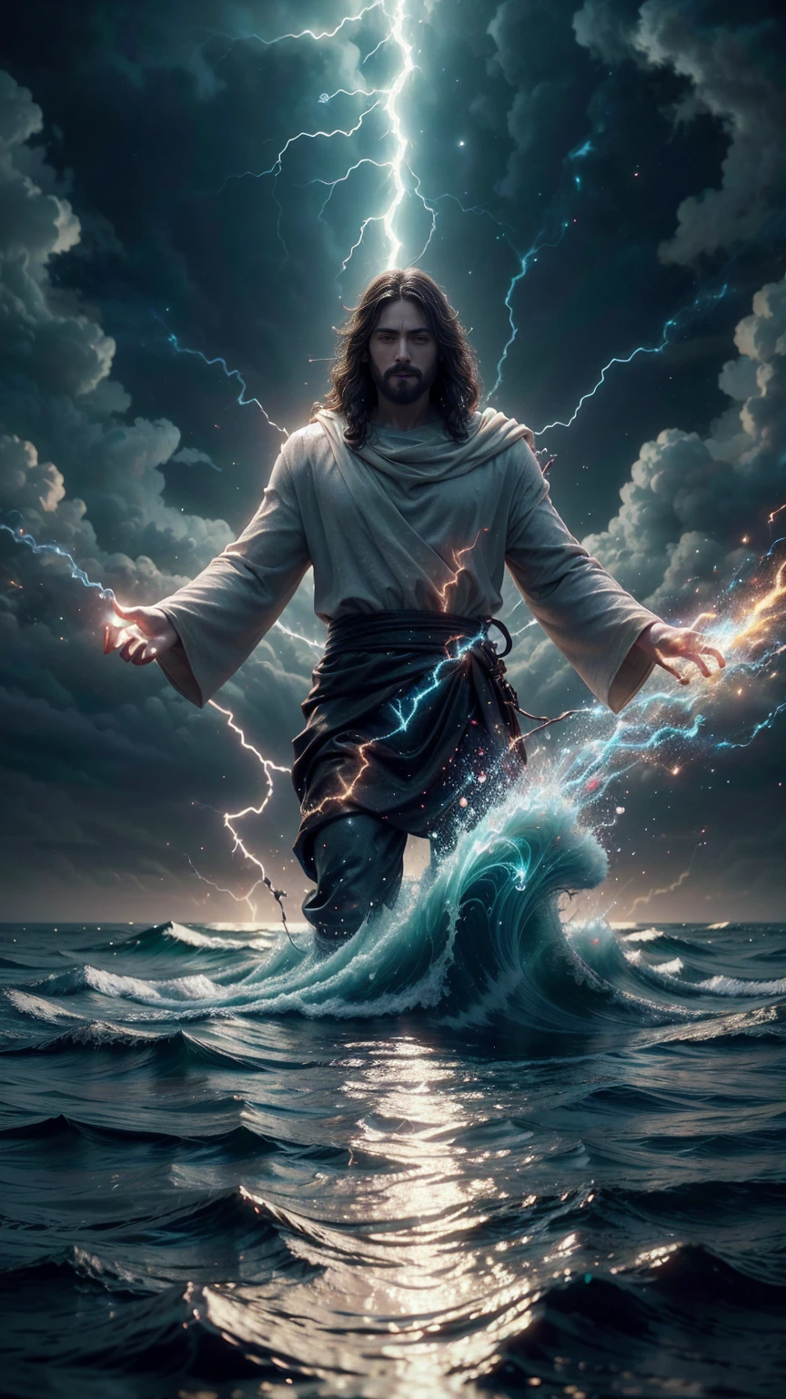 Jesus Christ walking on the water, ocean, furipus waves, striking an imposing pose radiating power and authority, surrounded by crackling lightning representing a superpower, his commanding presence dominating the scene, perfect composition, beautiful, detailed, intricate, insanely detailed octane render, trending on ArtStation, 8K resolution, captivating photorealistic concept art, bathed in soft, natural, volumetric, cinematic lighting, chiaroscuro effects reminiscent of an award