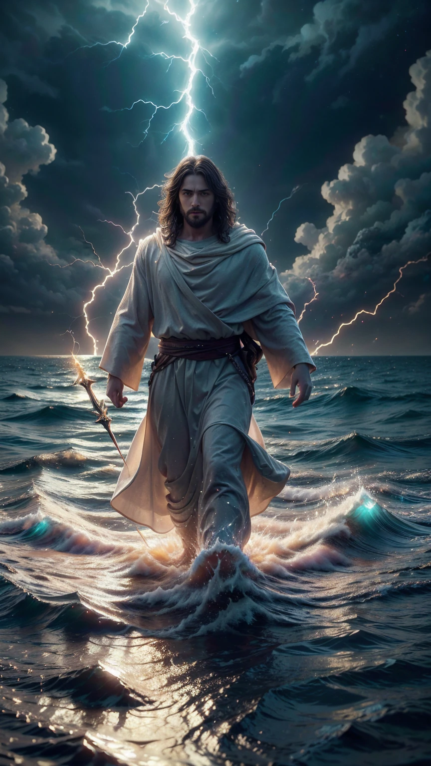 Jesus Christ walking on the water, ocean, furipus waves, striking an imposing pose radiating power and authority, surrounded by crackling lightning representing a superpower, his commanding presence dominating the scene, perfect composition, beautiful, detailed, intricate, insanely detailed octane render, trending on ArtStation, 8K resolution, captivating photorealistic concept art, bathed in soft, natural, volumetric, cinematic lighting, chiaroscuro effects reminiscent of an award
