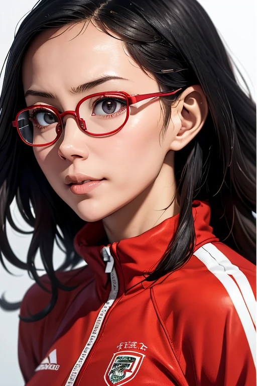 (masterpiece, highest quality), One Girl,  Satou, Satou, Glasses, 赤いフレームのGlasses, Under-rim eyewear, Satou, Glasses, 赤いフレームのGlasses, Under-rim eyewear, Track jacket, Track pants,Head to Chest,