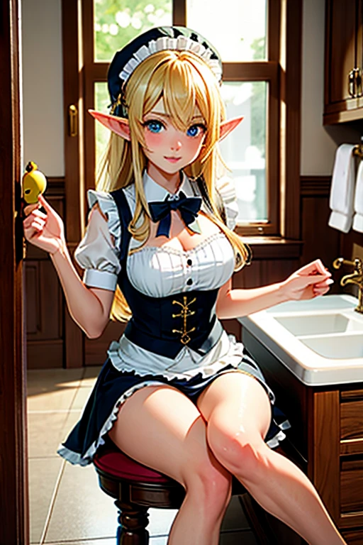 1 girl, Princess Zelda, blonde hair, short hair, blue eyes, soft, soft light, delicate, frills, small breasts, nipples, frilly, happy and excited, choker with a bow, ruffles, blue and white garters, teasing, vagina, no panties, spread legs, thighhighs, feet, (cum, sex, vibrator), from below