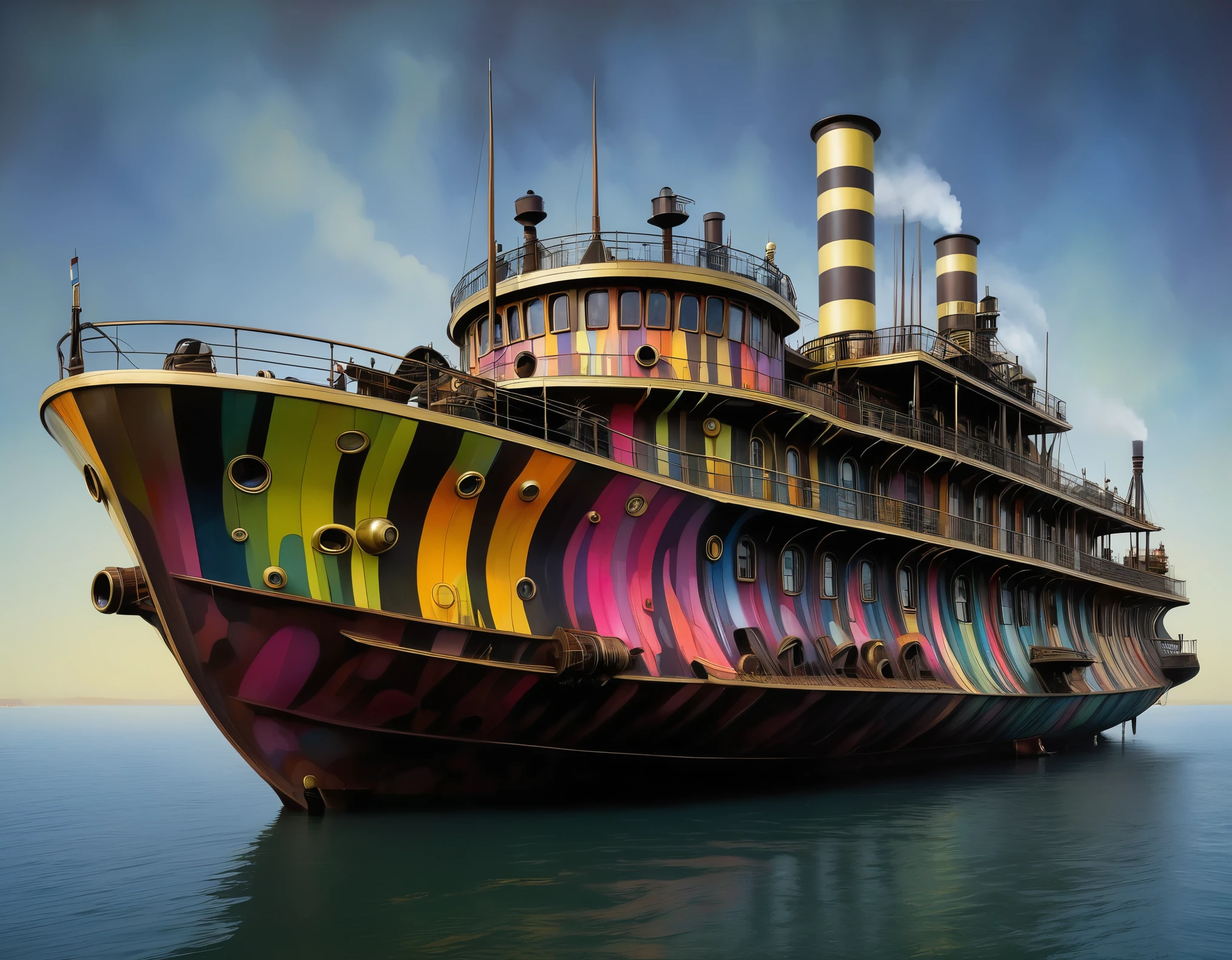 a steamboat by Giger, a dazzle camouflage paint job, by Brian Despain, surreal, vivid colours, steampunk, colourful, psychedelic