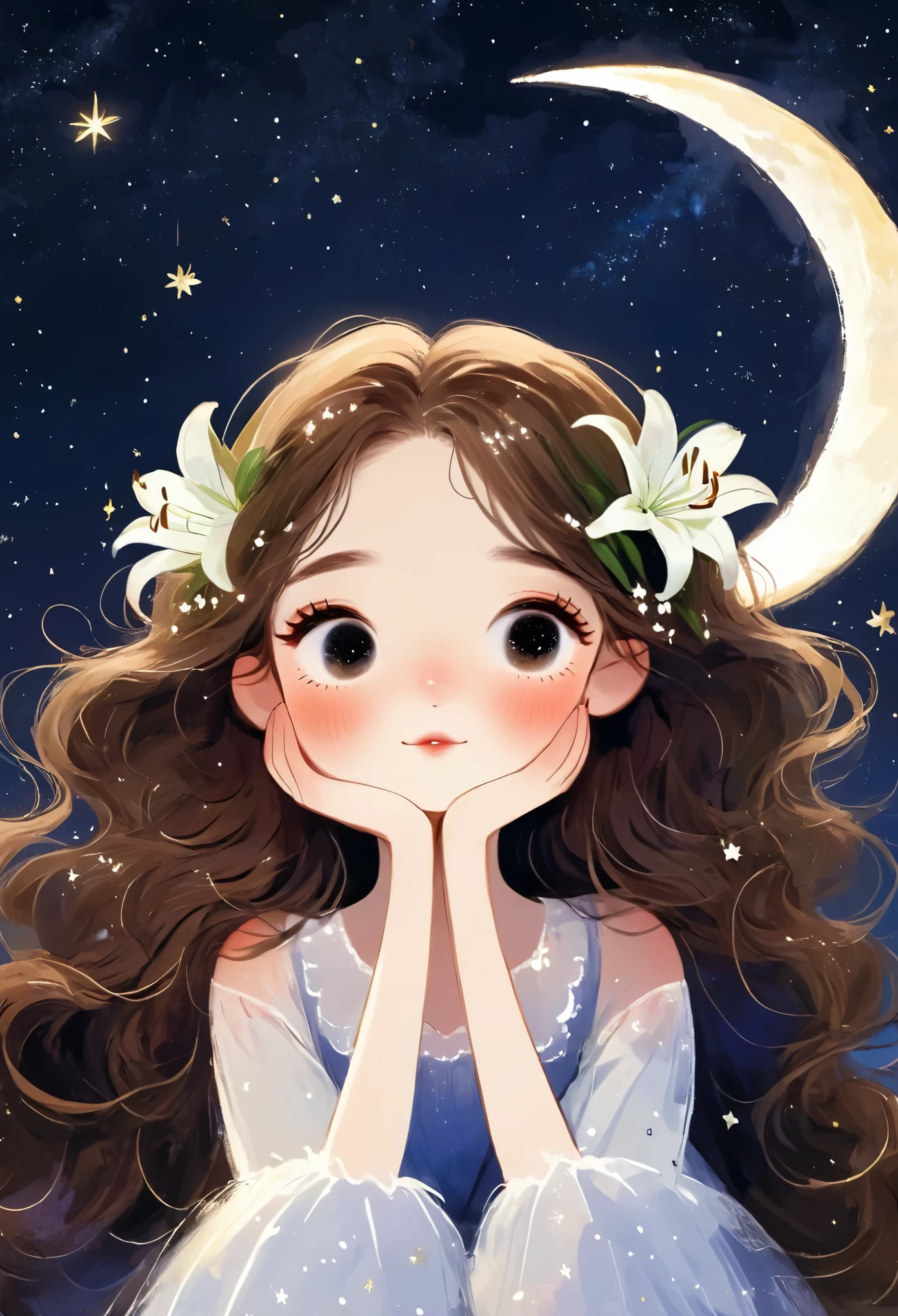 Rough texture,Hand-drawn style,sketch:1girl,brown hair,constellation,crescent moon,flower,hands on own face,head rest,lily \(flower\),long hair,moon,night,night sky,shooting star,sky,solo,star \(sky\),starry sky,white flower