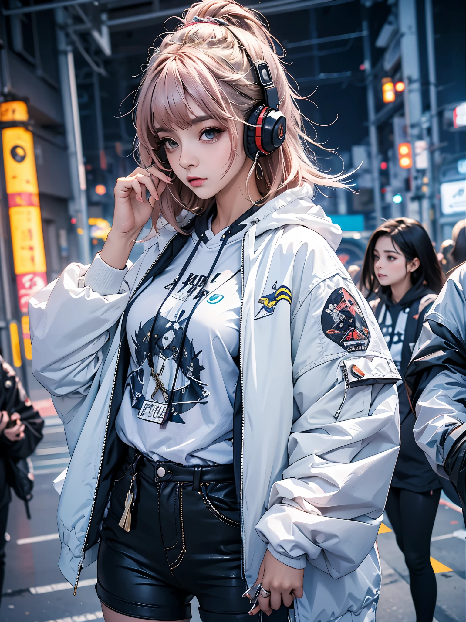 garota anime com roupa futurista com orelhas de gato e fones de ouvido, linda garota com partes ciborgue, Arte digital de anime cyberpunk, garota de anime cyberpunk mech, female, linda garota ciborgue, perfect android girl, portrait anime space cadet girl, corpo inteiro, decote, jaqueta bolha, olhos vermelhos, tatuagem nas pernas, seios grandes, tenis de cano alto
