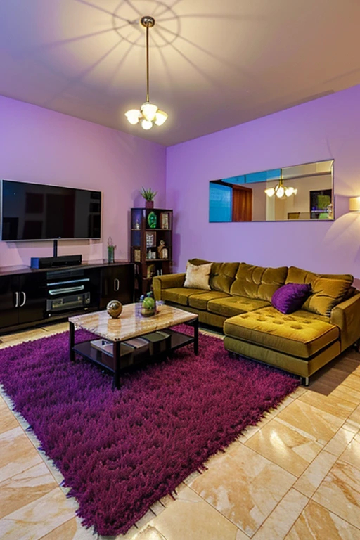 UHD, ultra-high resolution, photo realistic 1.4. A modern living room, one purple shaggy purple rug on floor, solid color dark purple, chandelier, nighttime, window view, One black sectional couch. Glass coffee table. Marble floor. Flat screen TV on wall to view from couch. Luxury apartment.