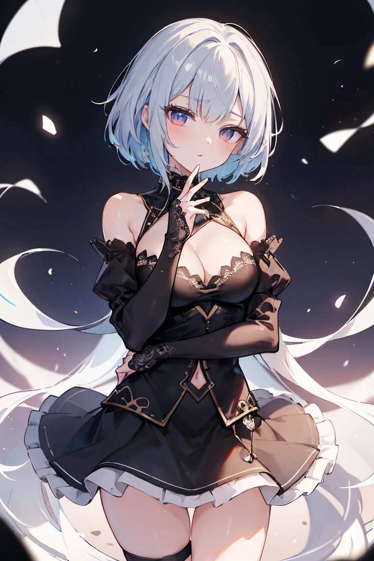 1girl, anime, cute girl, blank background, white background, fantasy, detailed fantasy dress with highlights, beautiful face, beautiful eyes, dark colors, black hair with multicolor streaks, red eye with different color pupil in eye, multicolor eye, medium breasts, slight cleavage, beautiful skin, cute, breast curtains, extremely delicate and beautiful, (beautiful detailed face:1.0), (detailed deep eyes), symmetrical breasts, deep eyes, shiny skin, portrait, slender waist, hips wider than shoulders, thighs, expressionless, young girl, luminous eyes, adorable，（Kpop idol）,（aegyo sal：1），（Platinum blonde hair：1），（（puffy eye）），Black panty，sexy posture，Superskirt, Ultra-high resolution，Black collar，slim figure, Abdominal y tattoo, womb tattoo，Tight-fitting leg ring，y tattoo on half-body，Bare skin, Armored hand，Hidden fingertips，Hand covered，Arm covered，Fist covered,{{beautiful detailed fingers}}, tufts of hair, moderate beautiful breast:1.0,(masterpiece:1.2), best quality, high-res, HDR, perfect face, intricate armor, delicate blue filigree, intricate filigree, red metalic parts, detailed part, dynamic pose, dynamic lights, cute face, neutral expression, shuimobysim, lotus, hanfu, maxi skirt, dress conservatively 1girl, solo, long blue hair, standing, 