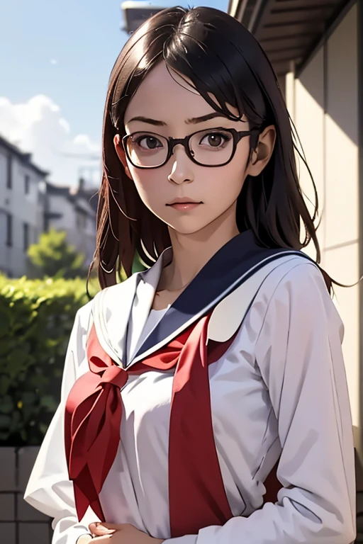 (masterpiece, highest quality), One Girl,  Satou, Satou, Glasses, 赤いフレームのGlasses, Sailor suit, Satou, Glasses, 赤いフレームのGlasses, Head to Chest,