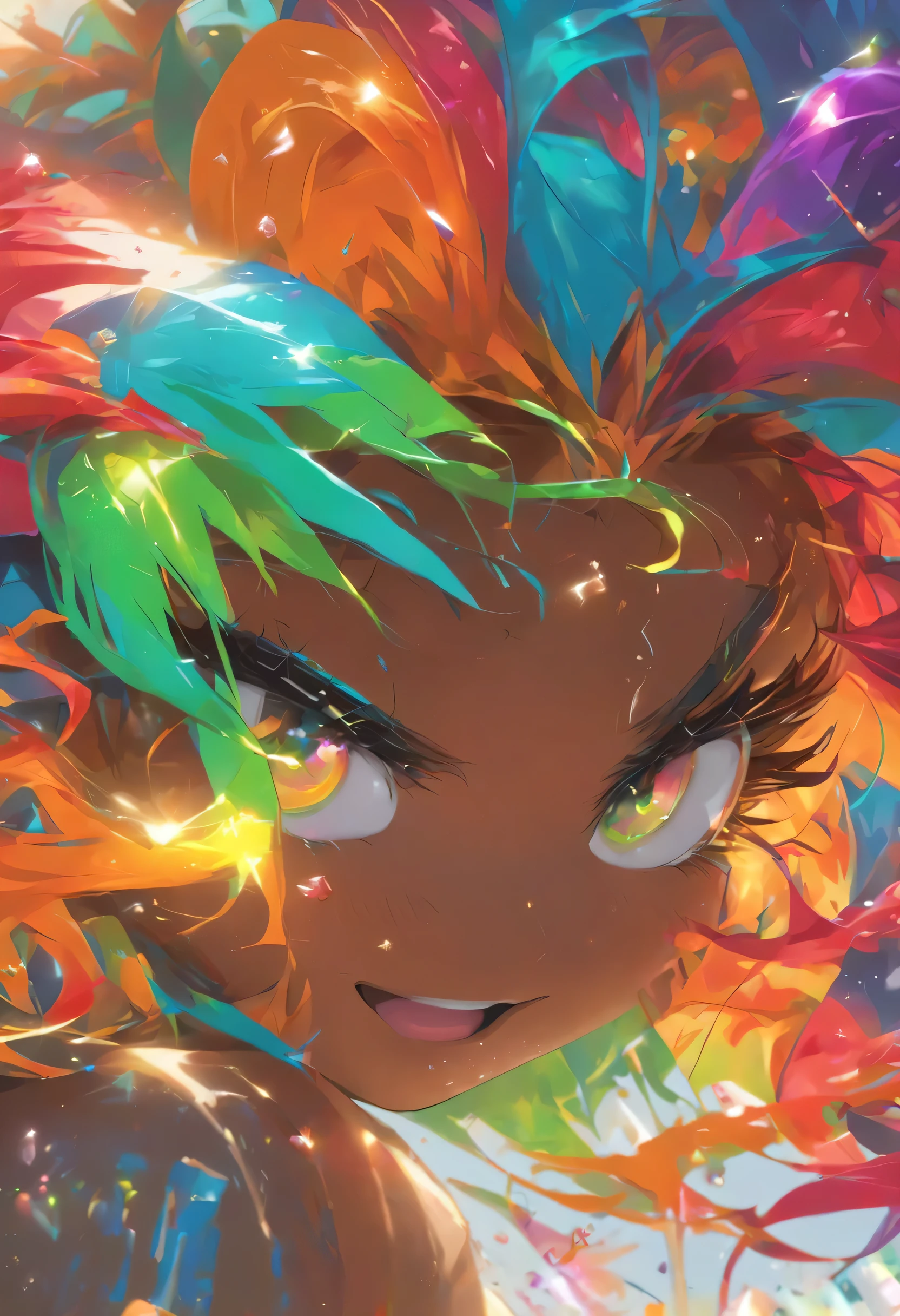 (Colorful hair: 1.8), (all colors of the rainbow: 1.8),(((((Vertical painting:1.6))), (Painting:1.6),Front, Comics, Illustrations, painting of a, largeeyes, Crystal clear eyes,( rainbow color gradient high ponytail:1.7), Exquisite makeup, Closed mouth,(Small Fresh: 1.5),(Wipe Chest: 1.6) ,Long eyelashes, white off-the-shoulder T-shirt, White Shoulder Shirt,staring towards the viewer, watery big eyes, (Rainbow-colored hair:1.6), colored splashing, (Solo:1.8), colored splashing, Color explosion, Thick Paint Style, Messy lines, ((Shining)),(Colorful), (Colorful), (Colorful), Colorful, Thick Paint Style, (Splash) (colored splashing), Vertical painting, Upper body, Paint splashes, Acrylic Pigment, Gradient, Paint, Highest image quality, Highest quality, masutepiece, Solo, depth of fields, facepaint, multicolored clothing, (elegant: 1.2), Gorgeous,Long hair, Wind, (elegant: 1.3), (Flower petals: 1.4),(((masutepiece))),(((Best quality))),((Ultra-detailed)),(illustration),(Dynamic Angle),((Floating)),(Paint),((Disheveled hair)),(Solo),(1girl in) , (((Detailed anima face))),((beautifull detailed face)),Collar,Bare shoulders,White hair, ((Colorful hair)),((striated hair)),Beautiful detailed eyes,(Gradient color eyes),(((Colorful eyes))),(((Colorful background))),(((High color saturation))),(((Surrounded by colorful splashes))),