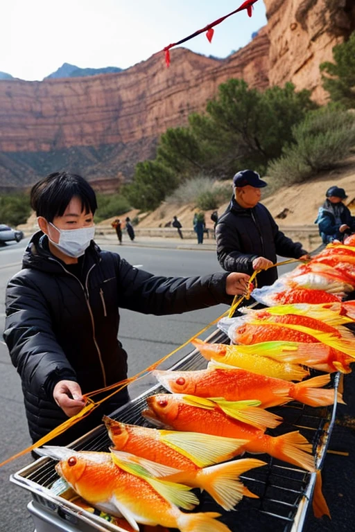 Chinese tourists are taking down and frying the many carp streamers that were strung across the canyon.
