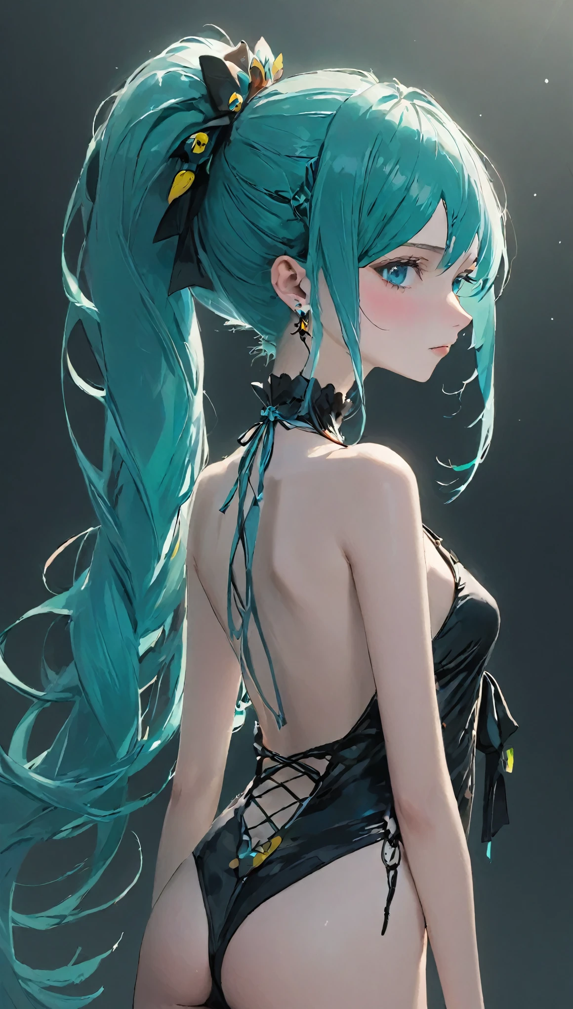 hair ornaments、Earrings、tattoo、Goth_punk, 1 girl, alone,、highest quality, Realistic, Super delicate illustration, Beautiful and attractive anime girl, miku hatsune, Slender body, Tied Hair, One Girl, Girl Photos, Full Body Shot, Beautiful Blue Eyes, looked back,ear nipple ring、hair ornaments、gem、miku hatsune、