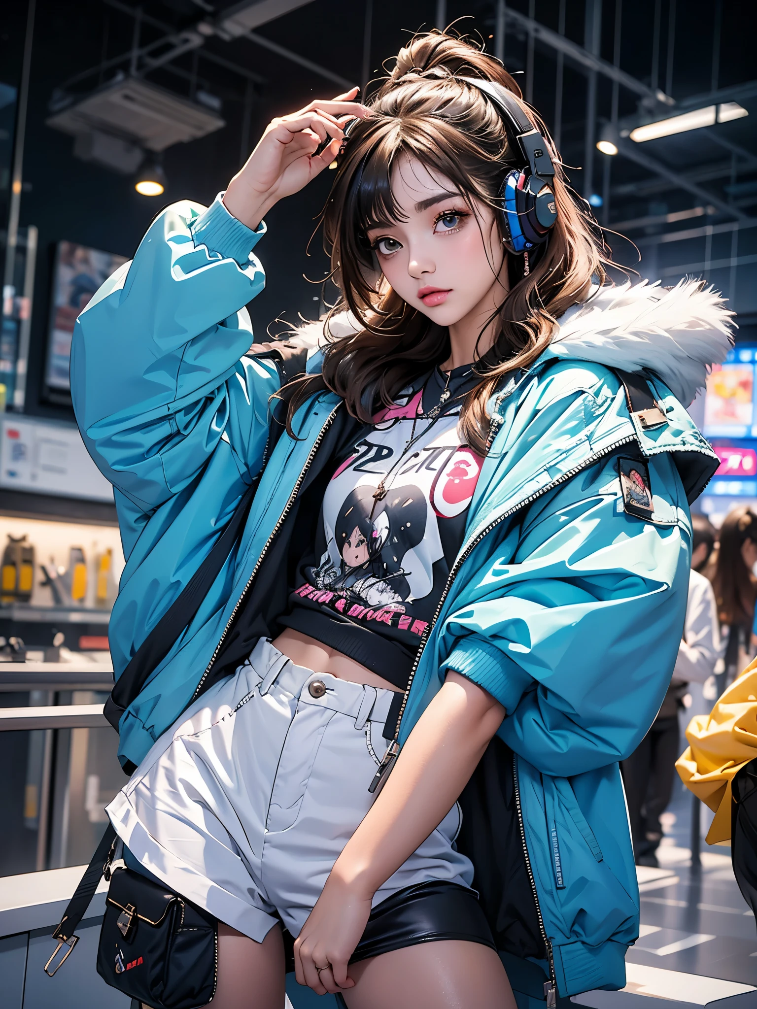 garota anime com roupa futurista com orelhas de gato e fones de ouvido, linda garota com partes ciborgue, Arte digital de anime cyberpunk, garota de anime cyberpunk mech, female, linda garota ciborgue, perfect android girl, portrait anime space cadet girl, corpo inteiro, decote, jaqueta bolha, olhos vermelhos, tatuagem nas pernas, seios grandes, tenis de cano alto
