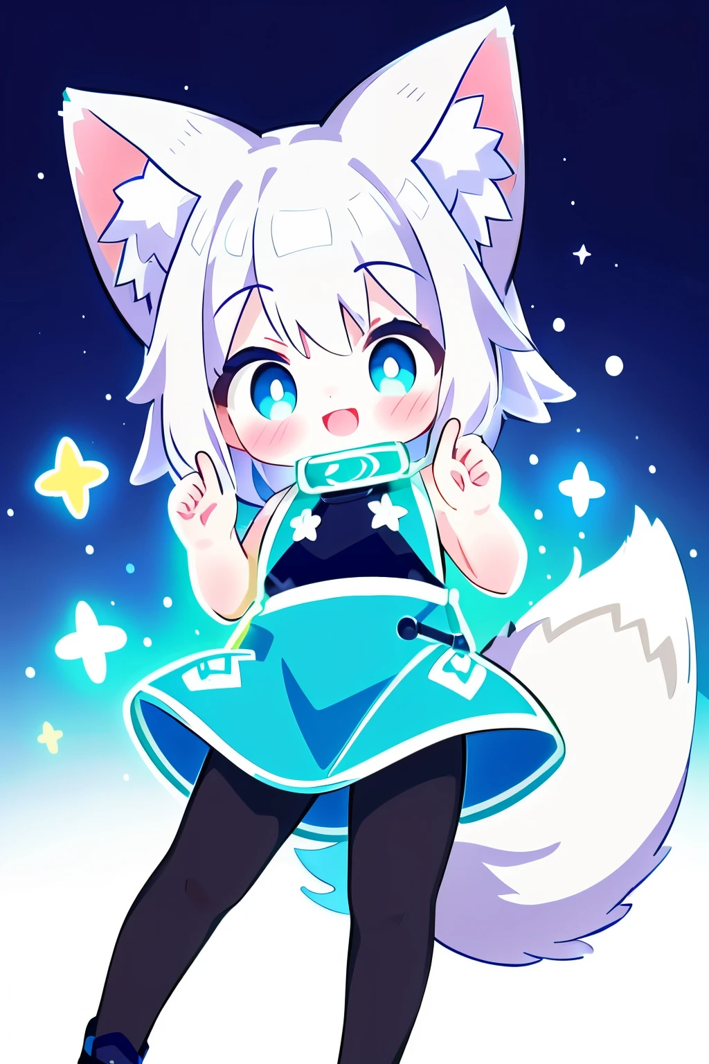 A girl with striking white hair、Fox ears and tail、Cosplay、Baby Face、Cute dynamic pose、hair ornaments、Black Pantyhose、Sleeveless、smile、Background is blue、Neon light clothes