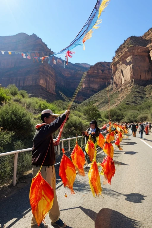 Chinese tourists are taking down and frying the many carp streamers that were strung across the canyon.