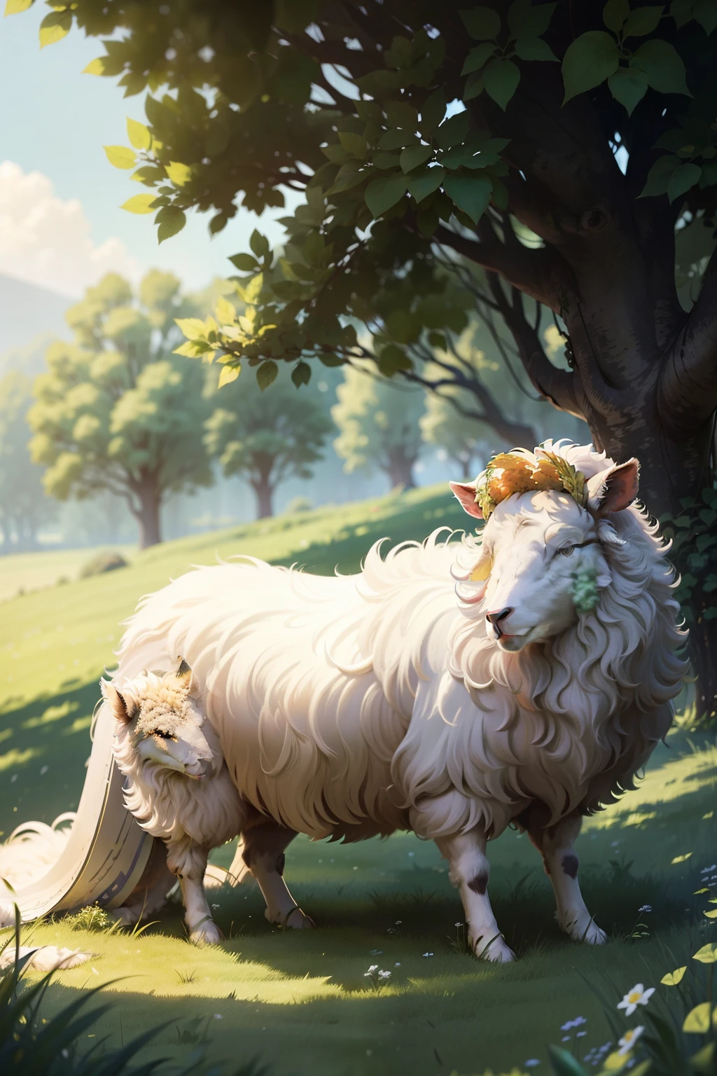 A contented sheep, with its shaggy coat glowing in the sunlight, gracefully bends its head to nibble on a patch of lush, verdant grass. The gentle rustling of the leaves and the soft crunching of the blades add to the serene atmosphere, as the peaceful scene unfolds in the picturesque pasture.