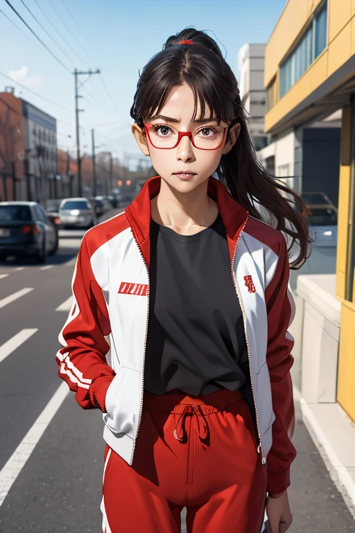 (masterpiece, highest quality), One Girl,  Satou, Satou, Glasses, 赤いフレームのGlasses, Under-rim eyewear, Satou, Glasses, 赤いフレームのGlasses, Under-rim eyewear, Track jacket, Track pants,Head to Chest,