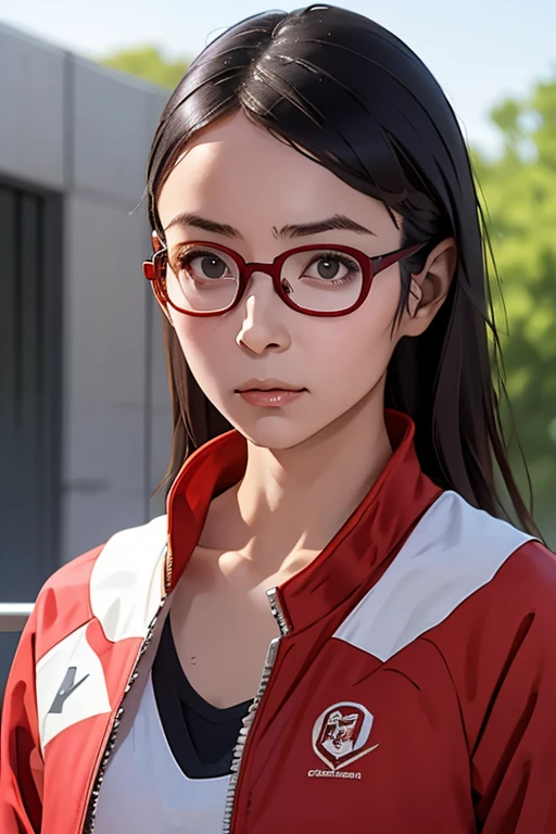 (masterpiece, highest quality), One Girl,  Satou, Satou, Glasses, 赤いフレームのGlasses, Under-rim eyewear, Satou, Glasses, 赤いフレームのGlasses, Under-rim eyewear, Track jacket, Track pants,Head to Chest,