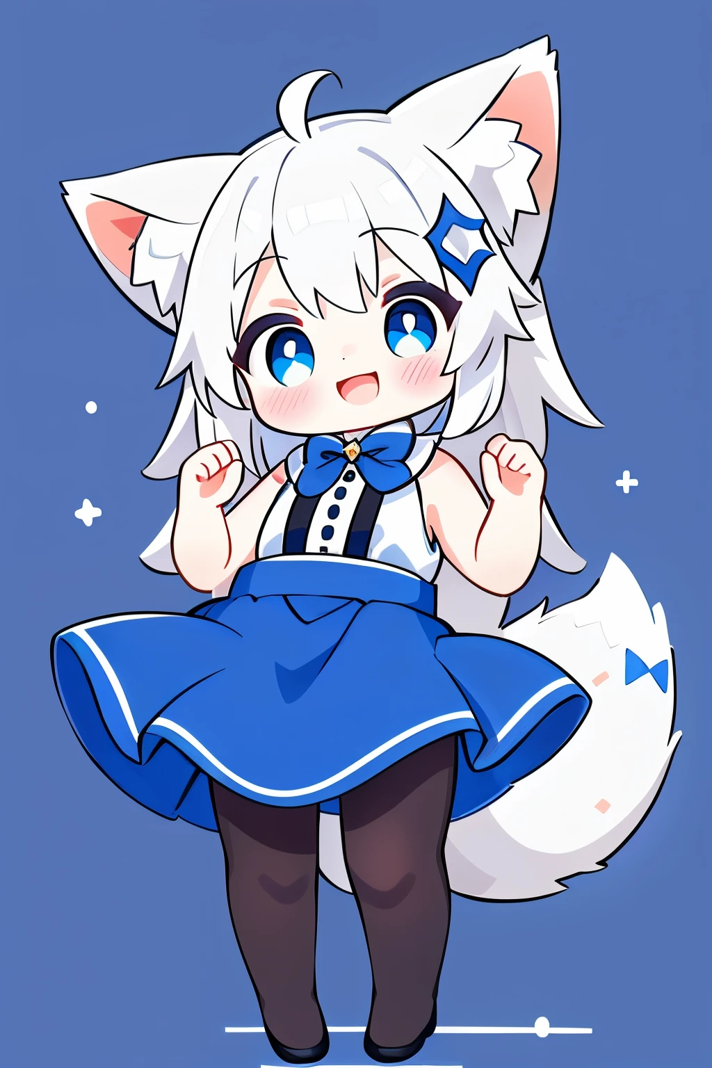 A girl with striking white hair、Fox ears and tail、Cosplay、Baby Face、Cute dynamic pose、hair ornaments、Black Pantyhose、Sleeveless、smile、Background is blue