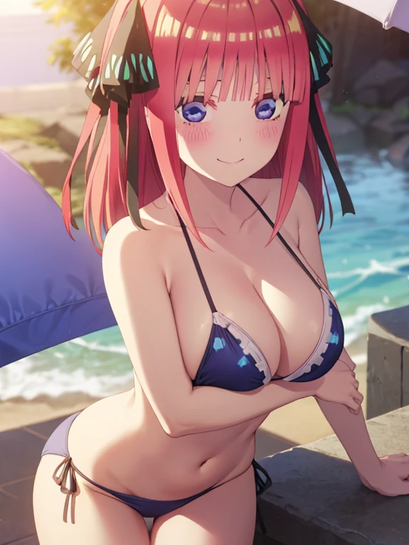 best quality, ultra-detailed masterpiece, nino nakano, large breasts, blush, smile, bikini swimsuit,low angle shot