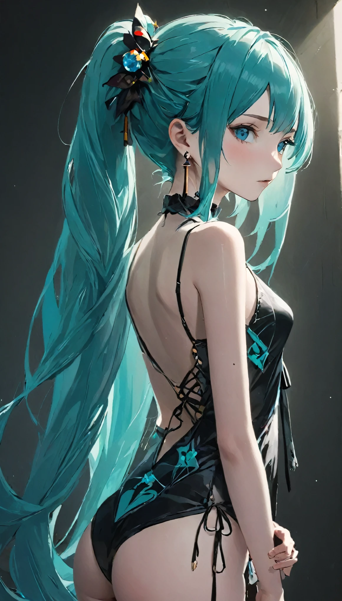 RAW Photos、Realistic、hair ornaments、Earrings、tattoo、Goth_punk, 1 girl, alone,、highest quality, Realistic, Super delicate illustration, Beautiful and attractive anime girl, miku hatsune, Slender body, Tied Hair, One Girl, Girl Photos, Full Body Shot, Beautiful Blue Eyes, looked back,ear nipple ring、hair ornaments、gem、miku hatsune、