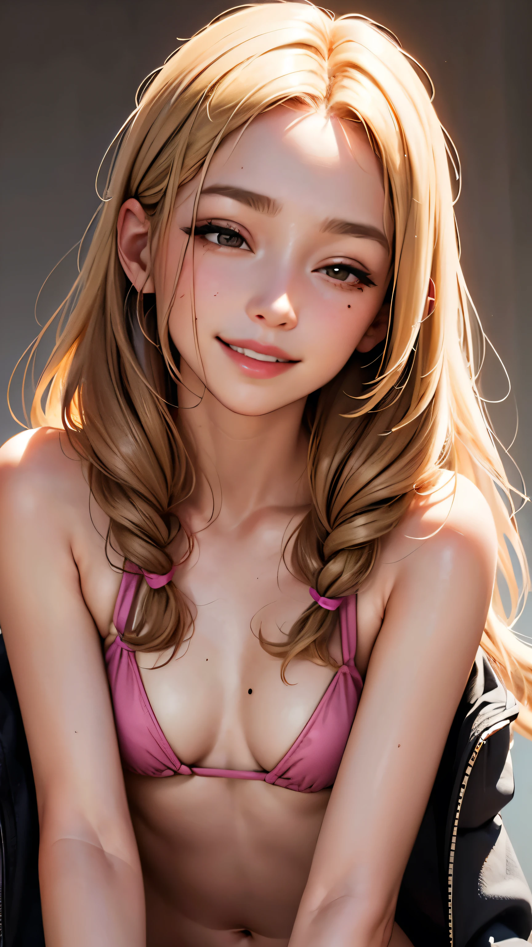 masterpiece, highest quality,Face-to-face audience, Upper body,Middle-aged women,Greek Goddess Attitude, Melon seed face, ((Long, narrow eyes)), Mole under the eye,Brown eyeball, Thin lips, Anorexia,blonde, Very long hair, Laugh with your mouth closed,40 year old mature woman, self-portrait, Simple Background,Thin legs,Close your eyes and smile,Swimwear,The happi coat is open