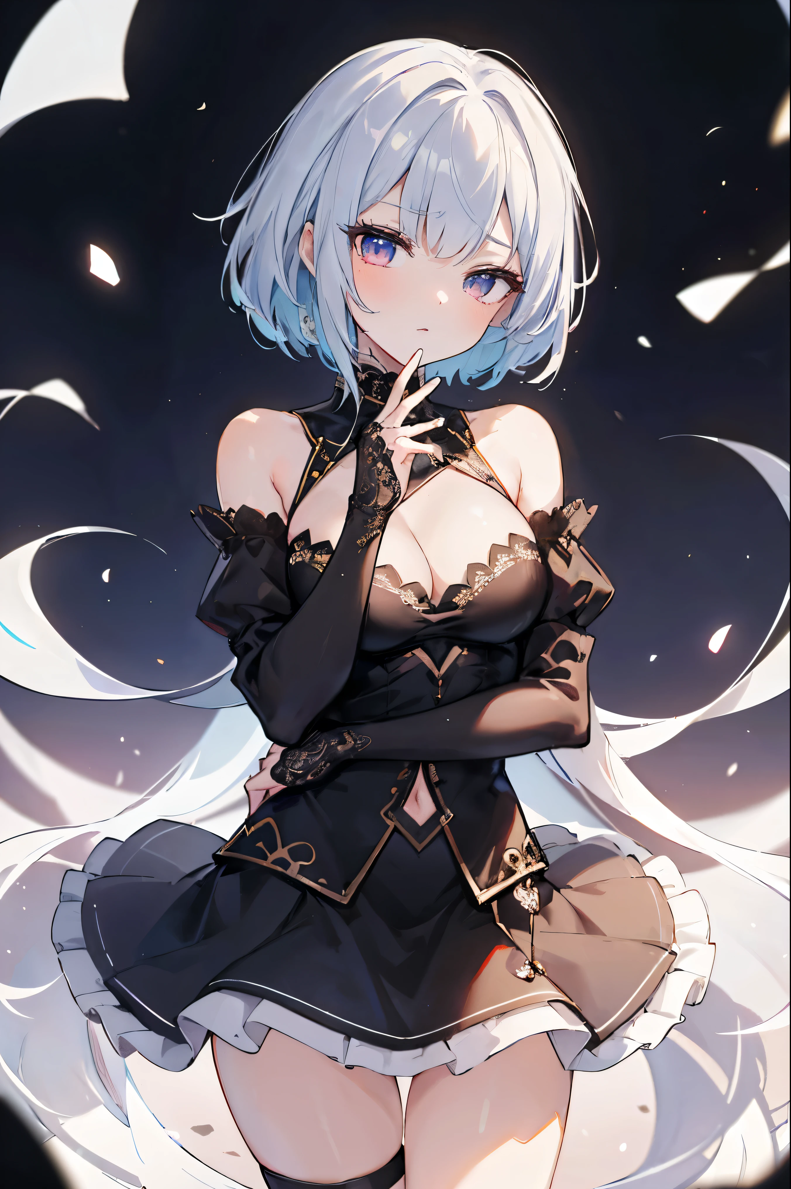 1girl, anime, cute girl, blank background, white background, fantasy, detailed fantasy dress with highlights, beautiful face, beautiful eyes, dark colors, black hair with multicolor streaks, red eye with different color pupil in eye, multicolor eye, medium breasts, slight cleavage, beautiful skin, cute, breast curtains, extremely delicate and beautiful, (beautiful detailed face:1.0), (detailed deep eyes), symmetrical breasts, deep eyes, shiny skin, portrait, slender waist, hips wider than shoulders, thighs, expressionless, young girl, luminous eyes, adorable,(Kpop idol),(aegyo sal:1),(Platinum blonde hair:1),((puffy eye)),Black panty,sexy posture,Superskirt, Ultra-high resolution,Black collar,slim figure, Abdominal y tattoo, womb tattoo,Tight-fitting leg ring,y tattoo on half-body,Bare skin, Armored hand,Hidden fingertips,Hand covered,Arm covered,Fist covered,{{beautiful detailed fingers}}, tufts of hair, moderate beautiful breast:1.0,(masterpiece:1.2), best quality, high-res, HDR, perfect face, intricate armor, delicate blue filigree, intricate filigree, red metalic parts, detailed part, dynamic pose, dynamic lights, cute face, neutral expression, shuimobysim, lotus, hanfu, maxi skirt, dress conservatively 1girl, solo, long blue hair, standing,