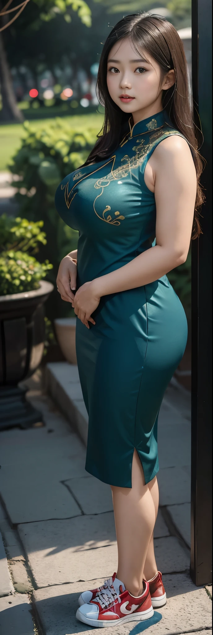 1 chinese-Indonesian girl, modern plain , shy, medium portrait, watery eyes, wearing blue dark green kebaya, ((big breasts)), black bokeh background, well-proportioned body,, chubby massive thighs, full body pose, Hena art on the body, hena art on arms, full body view , wearing red sneakers , fat legs