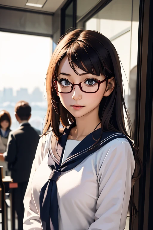 (masterpiece, highest quality), One Girl, Satou, Satou, Glasses, 赤いフレームのGlasses, Sailor suit, Satou, Glasses, 赤いフレームのGlasses, Head to Chest,