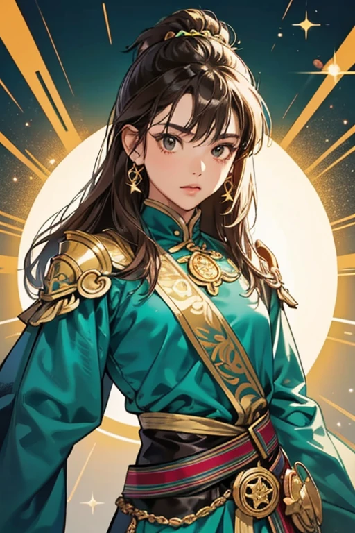 Thai descent. She has tan skin and short, messy brown hair which, she begins wearing golden armor chest plate with a teal Frog symbol and accents over her usual clothing. SPARKLE; GLITTER