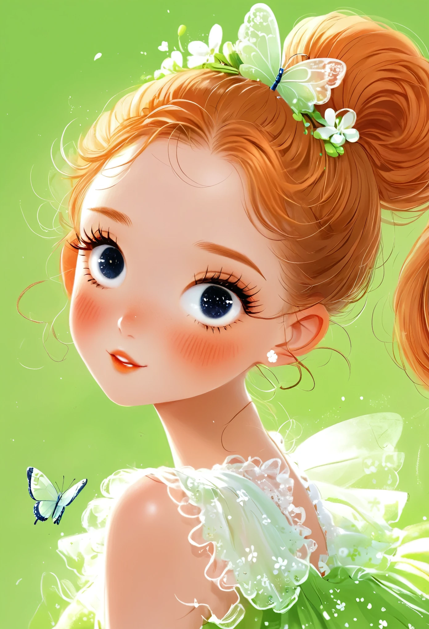 There is one with a ponytail， Orange Hair, Cute numbers, Cute numbers艺术, Beautifully detailed digital art, Realistic cute girl, cute cartoon character, Kawaii realistic portrait, cute cartoon, Young cute face, cute portrait, cute cartoon, Digital Cartoon Art, Cute kawaii girl, Lovely characters, portrait cute delicate face, Cute expressions,Princess dress，Butterfly