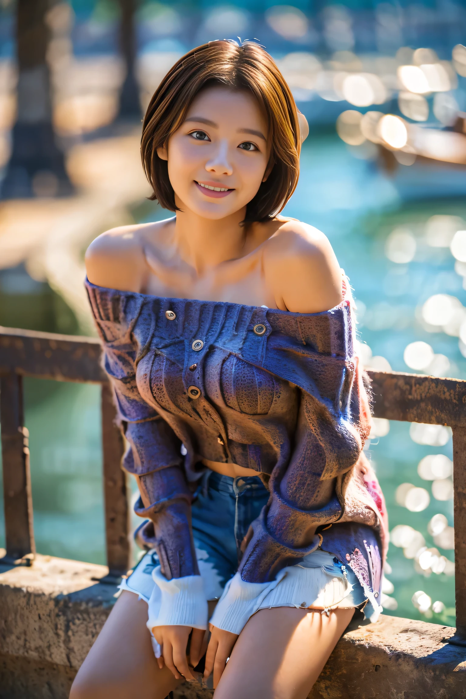 (18-year-old female), (The best quality at its best:1.4), (Super detailed), (Very detailed CG unified 16k), Beautiful woman with perfect figure: 1.4, Sharp focus: 1.2, Very detailed, High-quality RAW color photos, Professional photography, Great face and eyes, Beautiful eyelashes、cosmetics, (Amazingly beautiful girl), ((Off-shoulder summer knitwear, Shorts)), Are standing, Sexy posture，(harbor:1.3), (View from below), Realistic movie faces, Wide zoomed out view of head to foot length, Full body long view, Realistic, ((Realistic natural light brown hair color, Realistic blue eyes)),( Short Bob Hair:1.5), nice, Very beautiful face, Perfect model beauty, Mouth swelling, Highly detailed face and skin texture, Fine grain, double eyelid, Medium chest, smile, Crack, west, (masterpiece), highest quality, High resolution, Very detailed, Blurred Background, Depth of written boundary, Cinema Lighting, Great legs, High heels, Clear, well-maintained skin, (((Women make up the majority of the photo)))