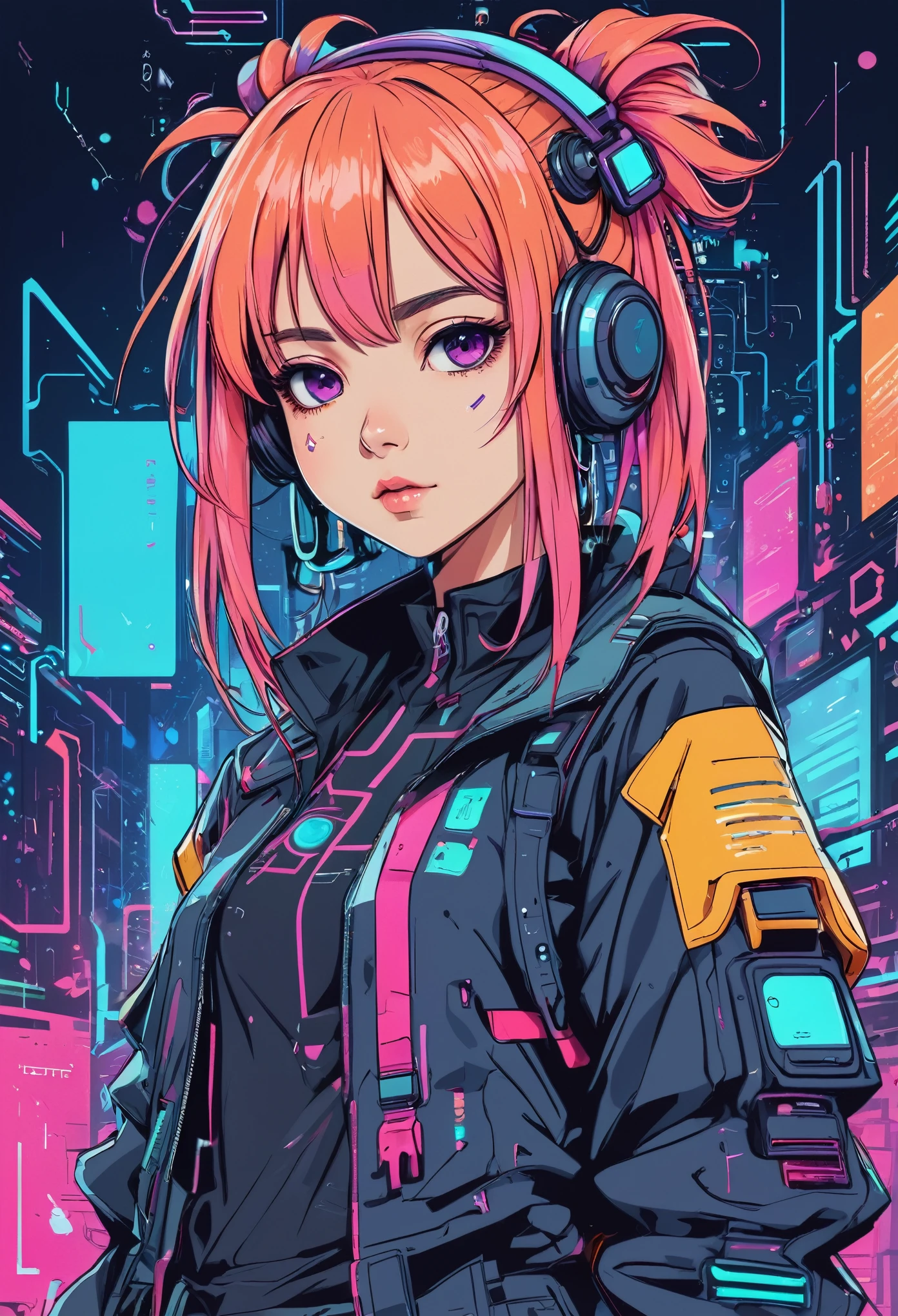 anime, an girl, kawaii, cyberpunk, colorful, ink paint line art, vector art, thick lines, glitch art, flat colors, key visual, vibrant, technical drawing, line art, minimalist, masterpiece,