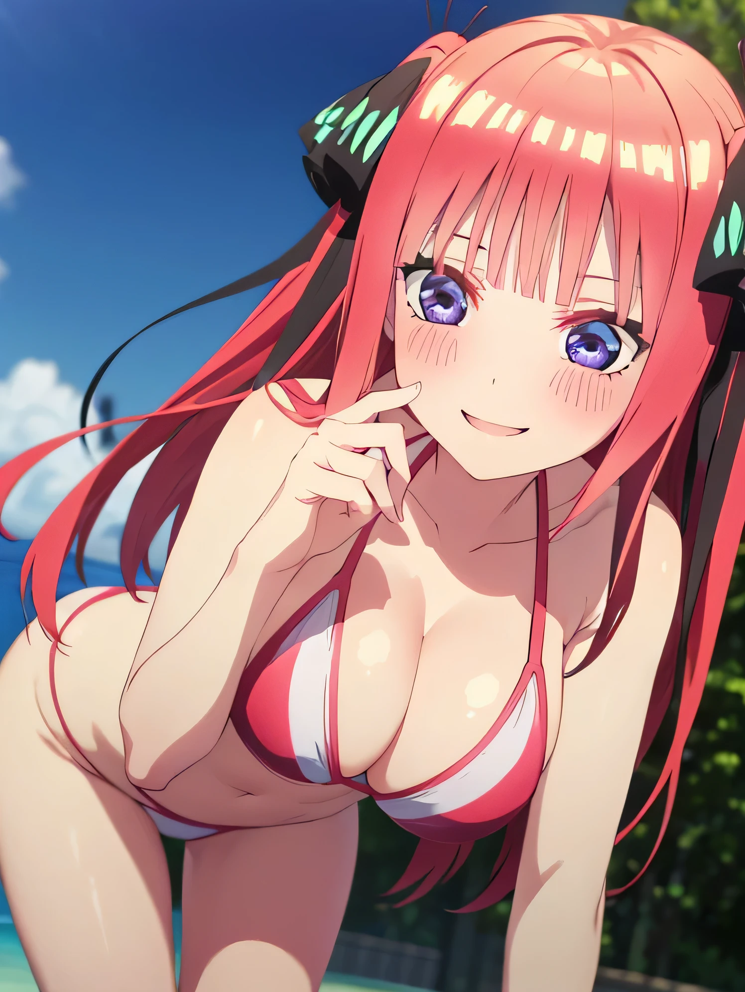 best quality, ultra-detailed masterpiece, nino nakano, large breasts, blush, smile, bikini swimsuit,low angle shot