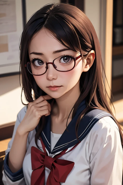 (masterpiece, highest quality), One Girl,  Satou, Satou, Glasses, 赤いフレームのGlasses, Sailor suit, Satou, Glasses, 赤いフレームのGlasses, Head to Chest,