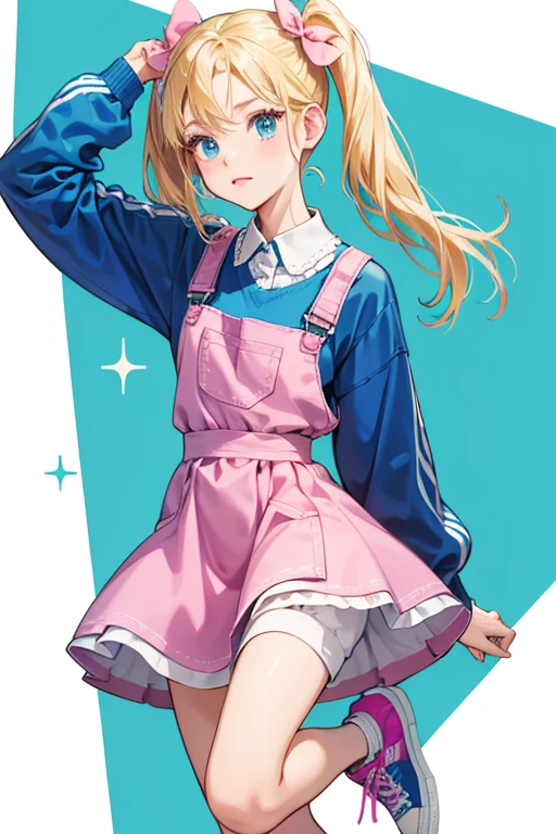 She has fair skin, blonde hair styled into pigtails with pink hairbows, and blue eyes. During the first season, she wears a blue overall jumper dress over a green shirt. She wears a pair of magenta Converse-esque high top sneakers with white toecaps, laces and a white circle on the side of the ankle. Her dress is usually accompanied by a front sole pocket and white seams down the side. SPARKLE; GLITTER