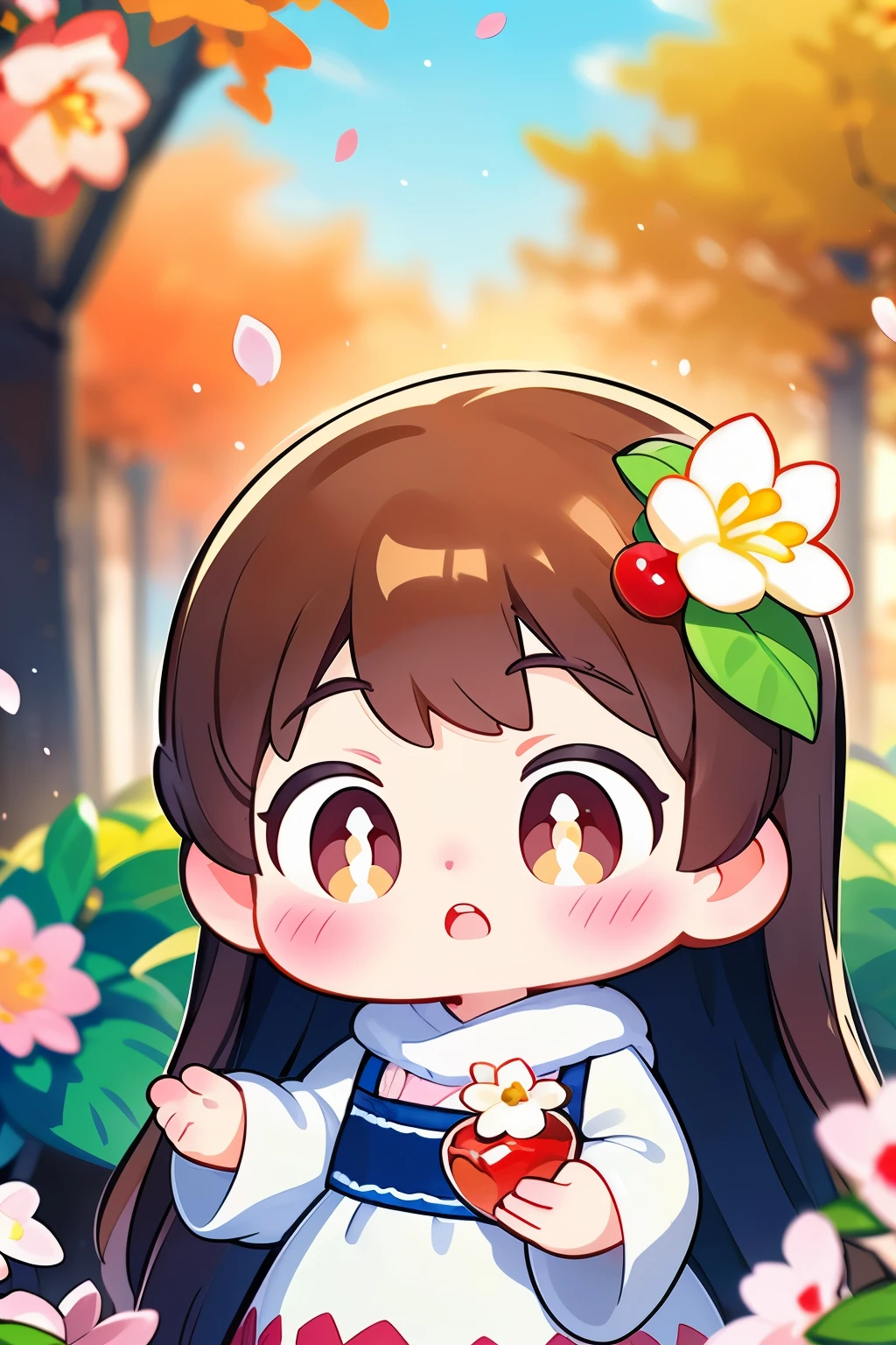 The doll standing in front of the painting、Yawning face、baby face、rococo style、(Highly detailed characters)、Flowing cherry-colored silk、Cherry blossom petals、Flowing cherry blossom silk、Photographed from the side、Strong bokeh、season!!: 🌸 ☀ 🍂 ❄