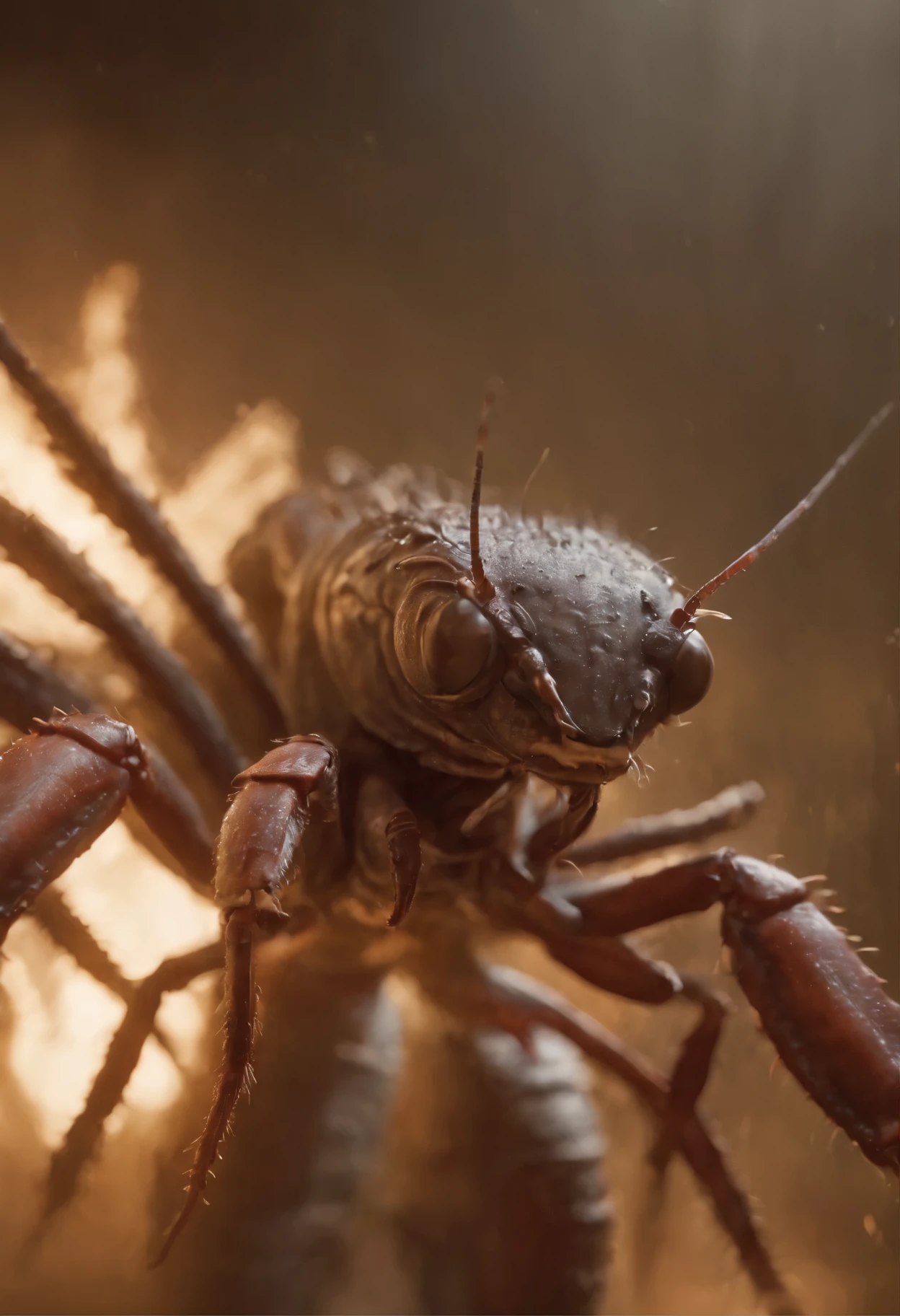 Cinematic image effects,Invading aliens,Invasive crayfish,Huge pliers,uncanny,blood vesurderous,Full body like,combats,The city was destroyed,blasts,fire glow,ruins,of a real,Facial features are carefully depicted,Realistic skin texture,Dark style,depth of fields,high light,Real light,Ray traching,oc rendered,Hyper-realistic,best qualtiy,8K,Works of masters,super-fine,Detailed pubic hair,Correct anatomy,sharp focus on eyes,Bokeh,Facial features are carefully depicted