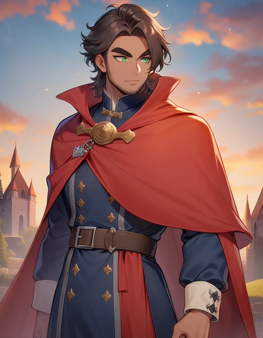 1man, derpixon, fandeltales, parted bangs, (short gray hair, silver colored tips two-tone hair, multicolored dark brown hair), solo, middle-thick eyebrow, masculine handsome prince, beard, green eyes, black pupils, lens eye, tanned skin, red cloak, dark-blue military uniform, Medieval outfit, standing, in cartoon style, masterpiece, best quality
