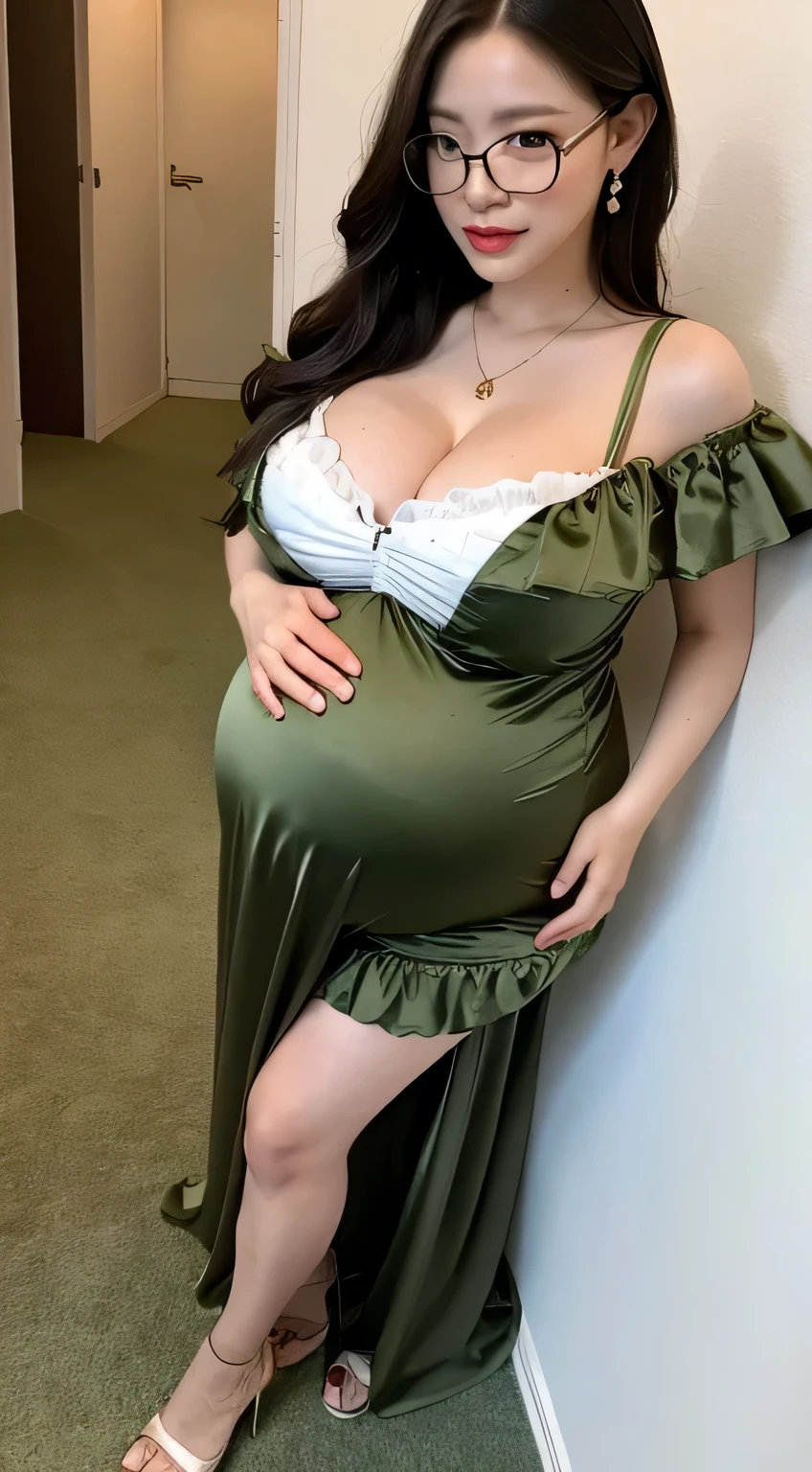 Boa_hancock, huge_breasts , best quality, ruffles_satin_dress , light_olive_satin_dress , big_ass , pregnant , wearing glasses , big pregnant