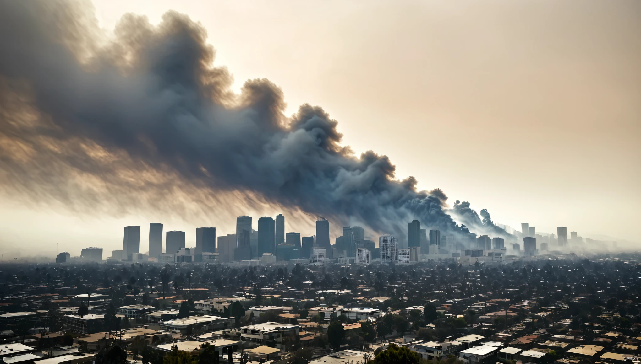 Angeles, as the city's skyline is silhouetted against a backdrop of billowing smoke and swirling dust, a haunting reminder of the fragility of human civilization in the face of nature's fury.