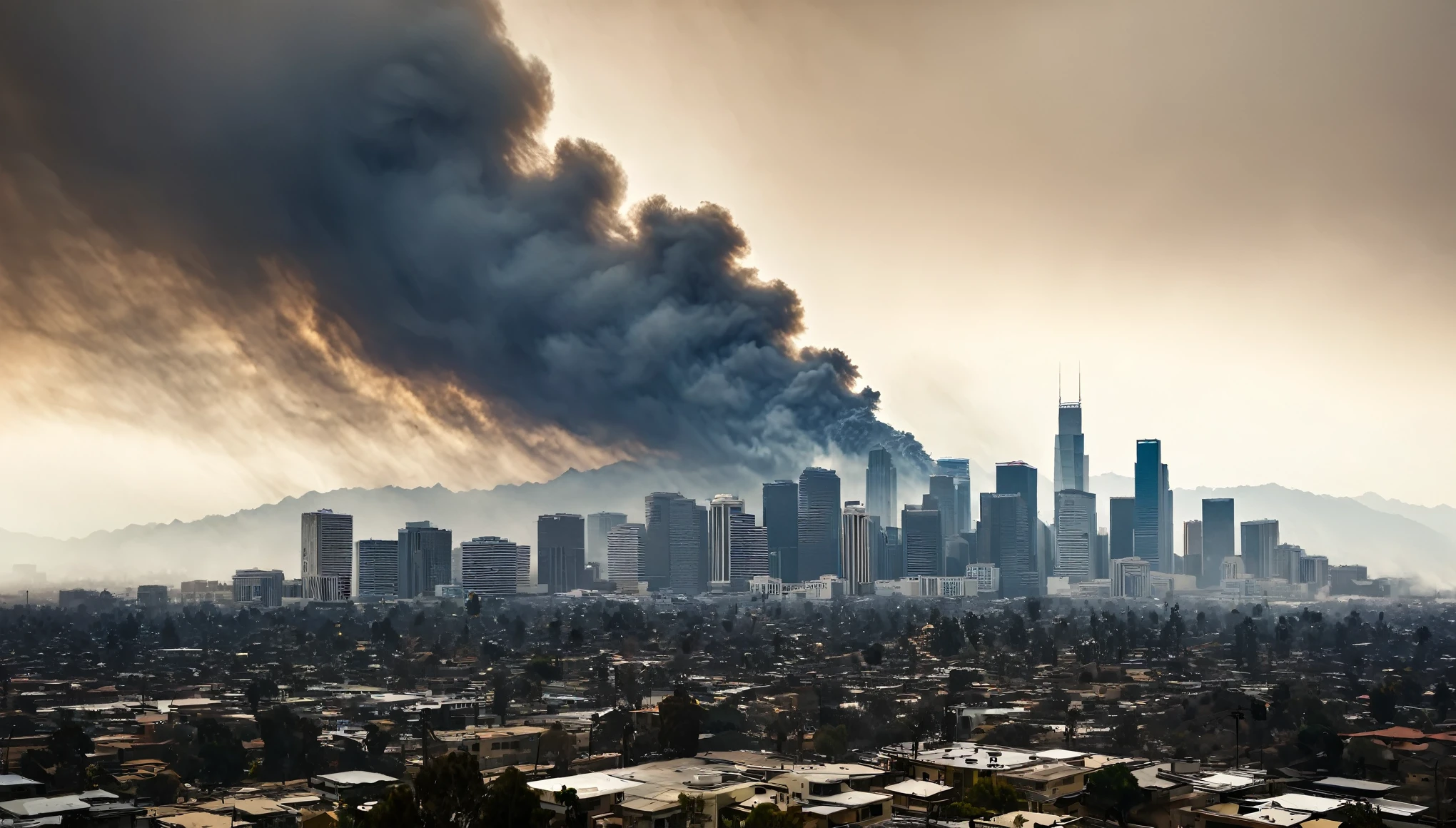 Angeles, as the city's skyline is silhouetted against a backdrop of billowing smoke and swirling dust, a haunting reminder of the fragility of human civilization in the face of nature's fury.