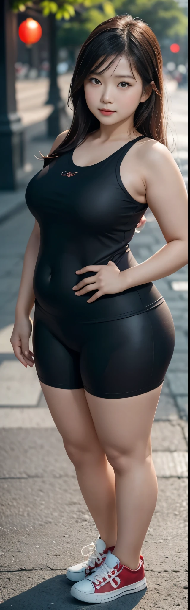 1 chinese-Indonesian girl, modern plain , shy, medium portrait, watery eyes,  ((small breasts)), black bokeh background, well-proportioned body,, chubby massive thighs, full body pose, Hena art on the body, hena art on arms, full body view , wearing red sneakers , fat legs, massive thighs , 